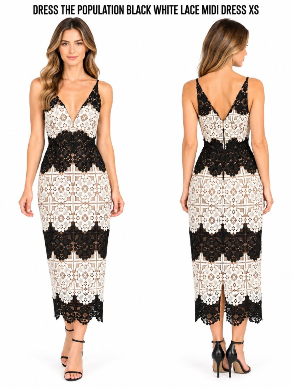 DRESS THE POPULATION BLACK WHITE LACE MIDI DRESS XS NWT